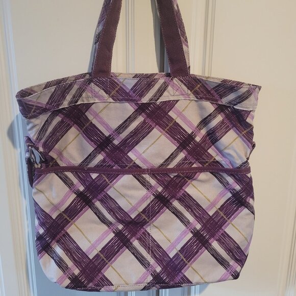 Thirty One 31 Retro Metro Fold Over In Plum Plaid Bag Purse Travel Crossbody NEW - Picture 1 of 7